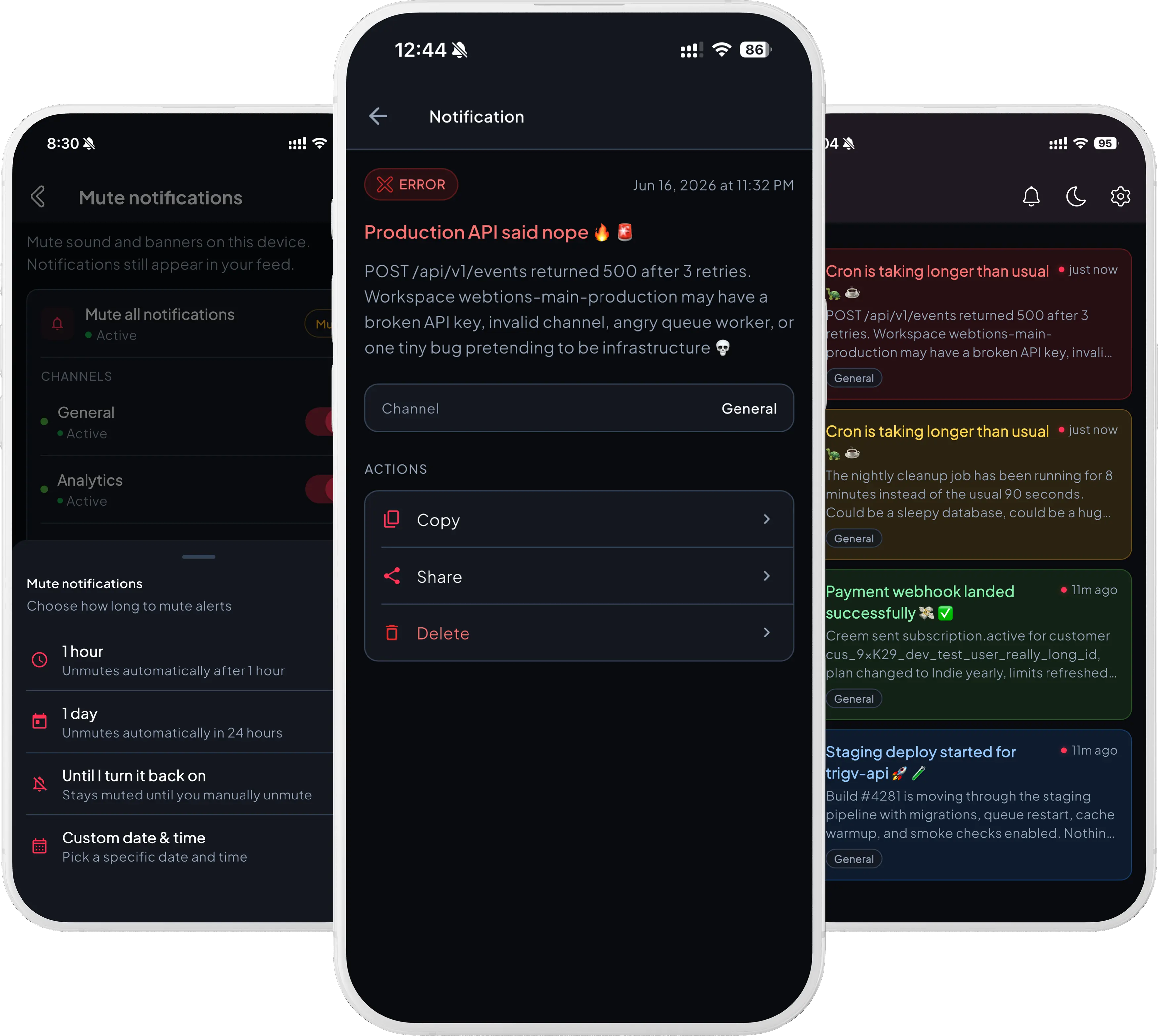 Trigv push notifications on iPhone and the web dashboard.